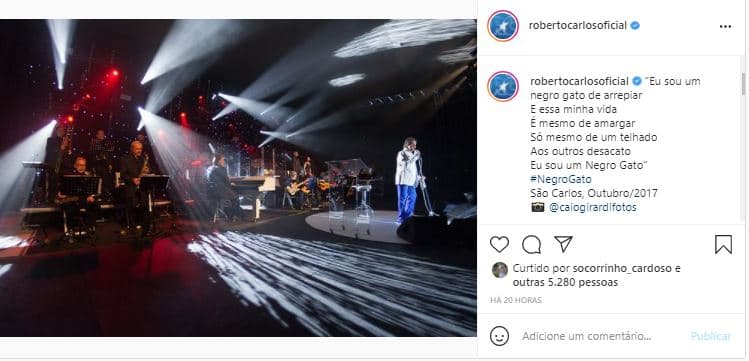 Roberto Carlos compartilhou um trecho da música "Negro Gato", de 1966 (Foto: Reprodução/Instagram) Roberto Carlos compartilhou um trecho da música "Negro Gato", de 1966 (Foto: Reprodução/Instagram)