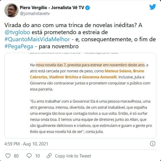 Print onde a Globo confirma a estreia de Quanto Mais Vida Melhor para novembro (Imagem: Reprodução) Print onde a Globo confirma a estreia de Quanto Mais Vida Melhor para novembro (Imagem: Reprodução)