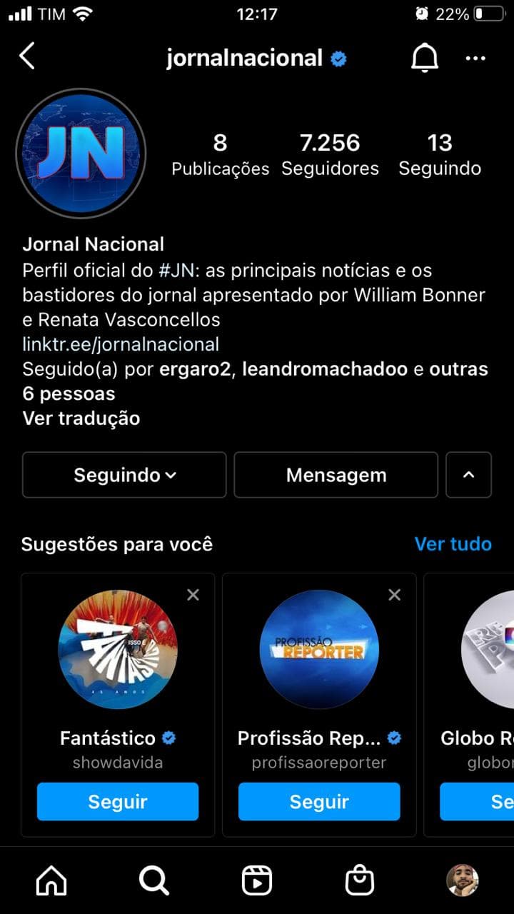 O "Jornal Nacional" ganhou um perfil oficial nas redes sociais com revelações de William Bonner e Renata Vasconcellos (Foto: Reprodução/Instagram) O "Jornal Nacional" ganhou um perfil oficial nas redes sociais com revelações de William Bonner e Renata Vasconcellos (Foto: Reprodução/Instagram)