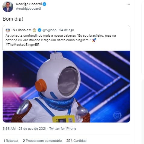 Rodrigo Bocardi brincou com possibilidade de ser o Astronauta no The Masked Singer Rodrigo Bocardi brincou com possibilidade de ser o Astronauta no The Masked Singer
