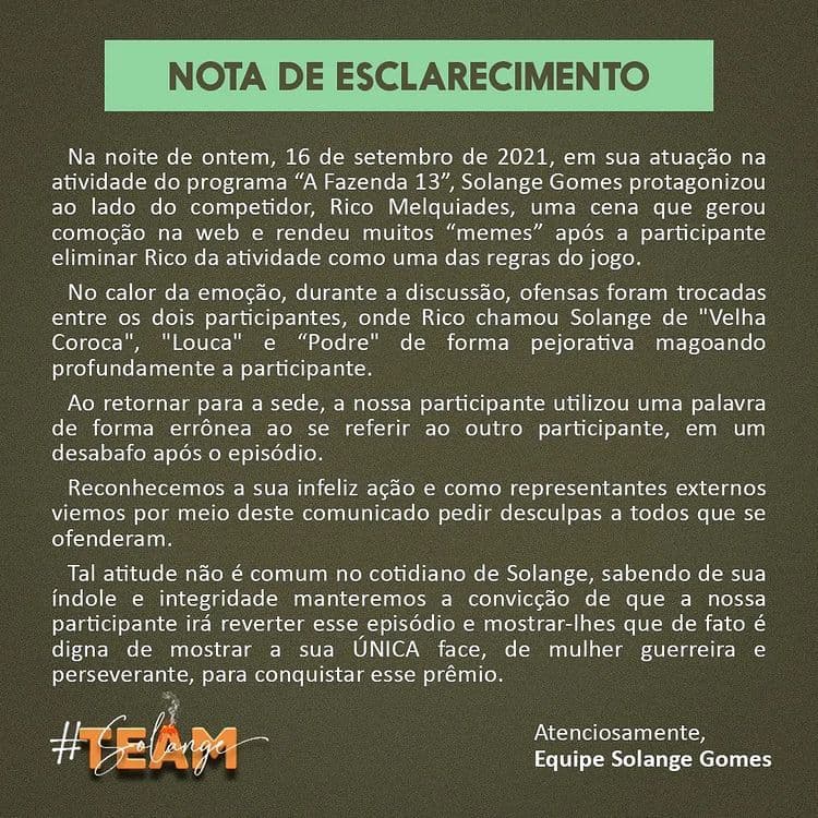 Assessoria de Solange faz nota sobre fala homofóbica (Reproducão) Assessoria de Solange faz nota sobre fala homofóbica (Reproducão)