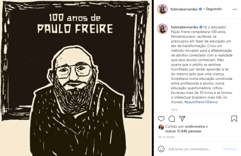Fátima Bernardes fez homenagem para Paulo Freire (Foto: Reprodução) Fátima Bernardes fez homenagem para Paulo Freire (Foto: Reprodução)