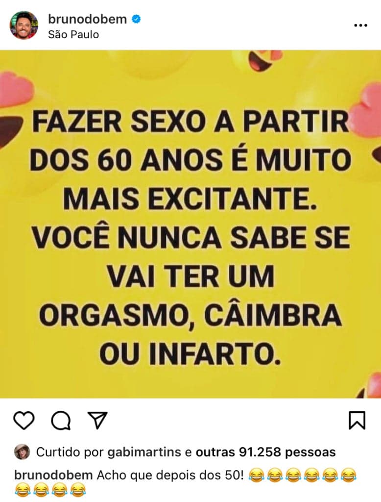 Bruno, da dupla com Marrone, expõe infarto durante sexo e revela fetiche: "A partir dos 60 anos" Bruno, da dupla com Marrone, expõe infarto durante sexo e revela fetiche: "A partir dos 60 anos"