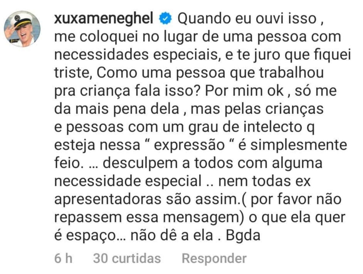 Xuxa detonou críticas de Mara Maravilha (Foto: Reprodução/Instagram) Xuxa detonou críticas de Mara Maravilha (Foto: Reprodução/Instagram)