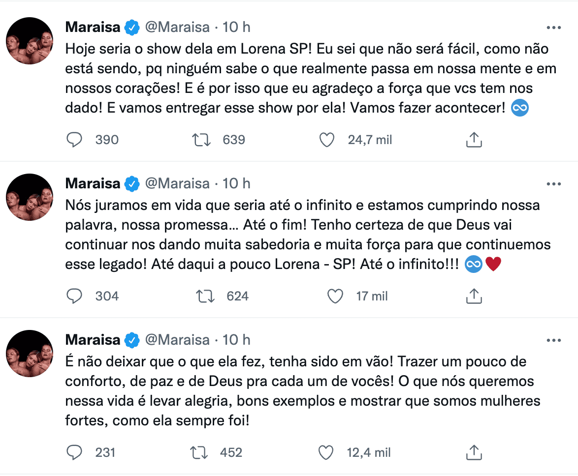 Publicação de Maraisa sobre os shows de Marília Mendonça - Foto: Reprodução Publicação de Maraisa sobre os shows de Marília Mendonça - Foto: Reprodução