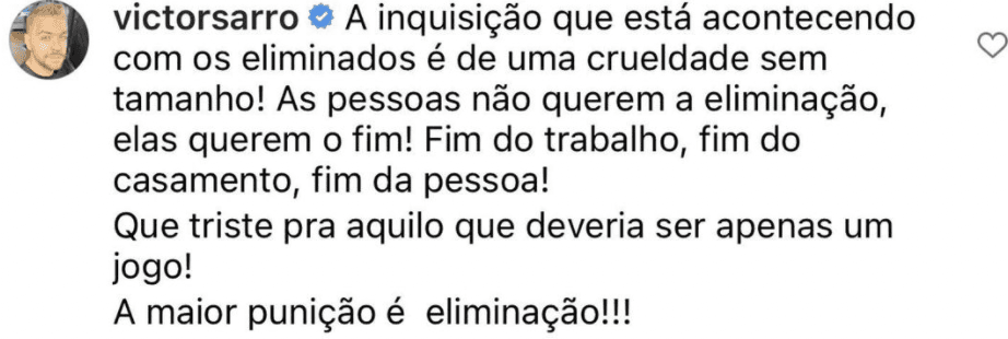 Comentário de Victor Sarro (Foto: Reprodução/ Instagram) Comentário de Victor Sarro (Foto: Reprodução/ Instagram)