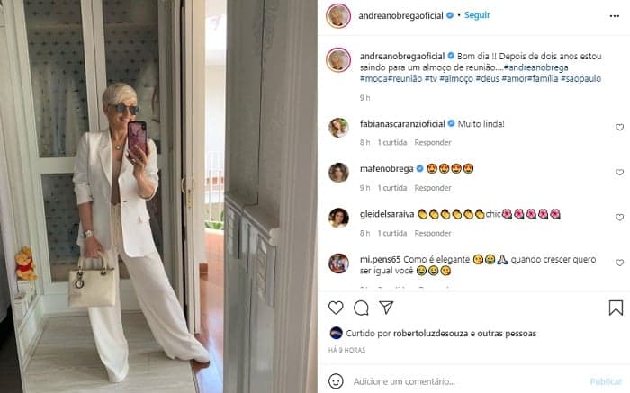 Andrea Nobrega mostra look da reunião aos seguidores (Foto: divulgação/Instagram) Andrea Nobrega mostra look da reunião aos seguidores (Foto: divulgação/Instagram)
