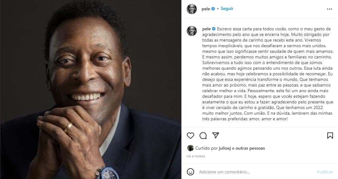 Pelé reflete sobre 2021 - Foto: Reprodução Pelé reflete sobre 2021 - Foto: Reprodução