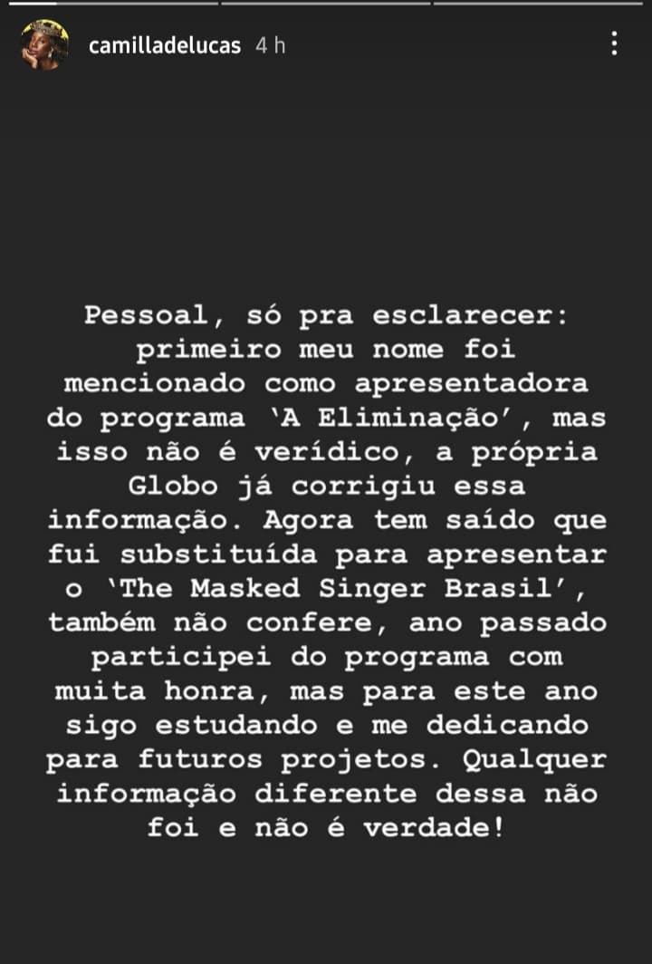 Publicação de Camilla de Lucas (Foto: Reprodução/ Instagram) Publicação de Camilla de Lucas (Foto: Reprodução/ Instagram)