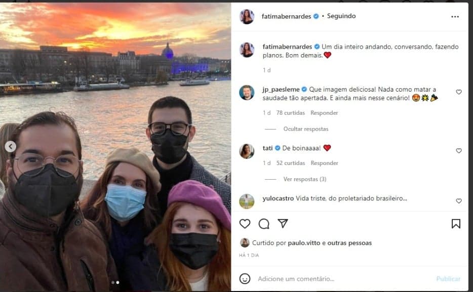 Fátima Bernardes está em Paris curtindo férias ao lado do namorado e do filho (Foto: Reprodução/Instagram) Fátima Bernardes está em Paris curtindo férias ao lado do namorado e do filho (Foto: Reprodução/Instagram)