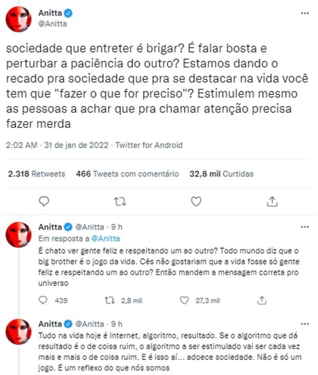 Anitta faz textões no Twitter e lava a moral da sociedade por aceitação de atitudes erradas no BBB22 (Reprodução/ Twitter) Anitta faz textões no Twitter e lava a moral da sociedade por aceitação de atitudes erradas no BBB22 (Reprodução/ Twitter)