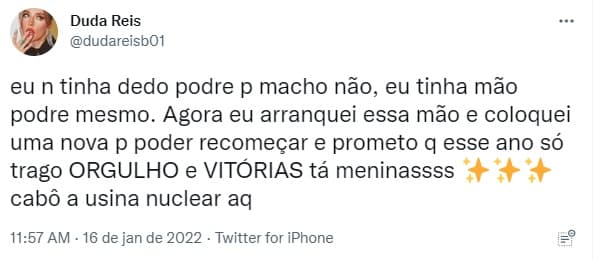 Declaração de Duda Reis (Reprodução/ Twitter) Declaração de Duda Reis (Reprodução/ Twitter)