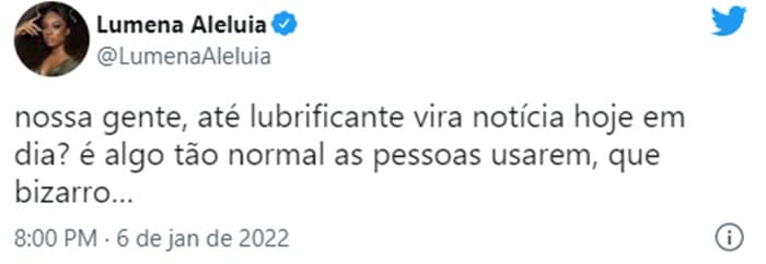 Lumena dá sua opinião sobre o lubrificante de Carla Diaz (Reprodução/ Twitter) Lumena dá sua opinião sobre o lubrificante de Carla Diaz (Reprodução/ Twitter)