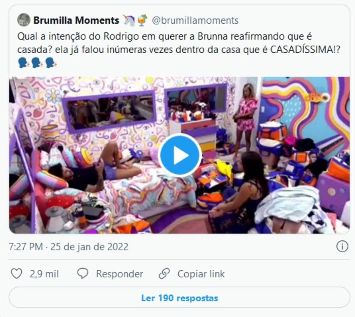 Pergunta de Rodrigo para Brunna repercutiu na internet (Foto: Reprodução / Twitter) Pergunta de Rodrigo para Brunna repercutiu na internet (Foto: Reprodução / Twitter)