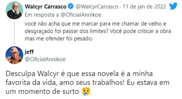 Walcyr Carrasco deu puxão de orelha e recebeu pedido de desculpas do internauta (Reprodução/ Twitter) Walcyr Carrasco deu puxão de orelha e recebeu pedido de desculpas do internauta (Reprodução/ Twitter)