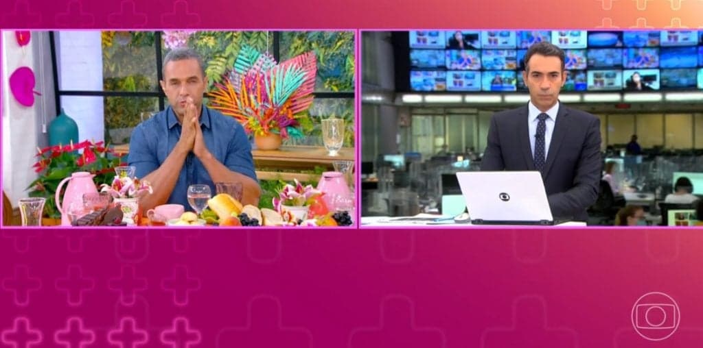 César Tralli e Fabricio Battaglini durante o plantão do JH na Globo César Tralli e Fabricio Battaglini durante o plantão do JH na Globo