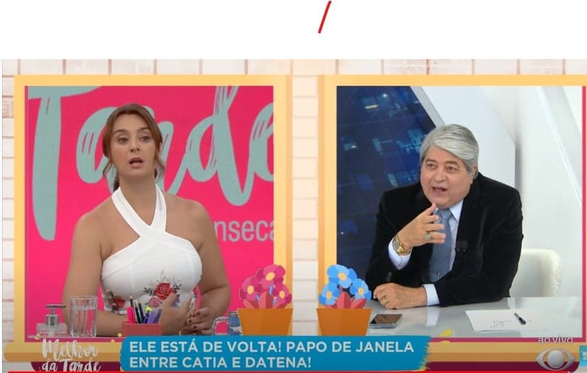 Datena e Catia Fonseca durante o papo na janela desta segunda-feira Datena e Catia Fonseca durante o papo na janela desta segunda-feira
