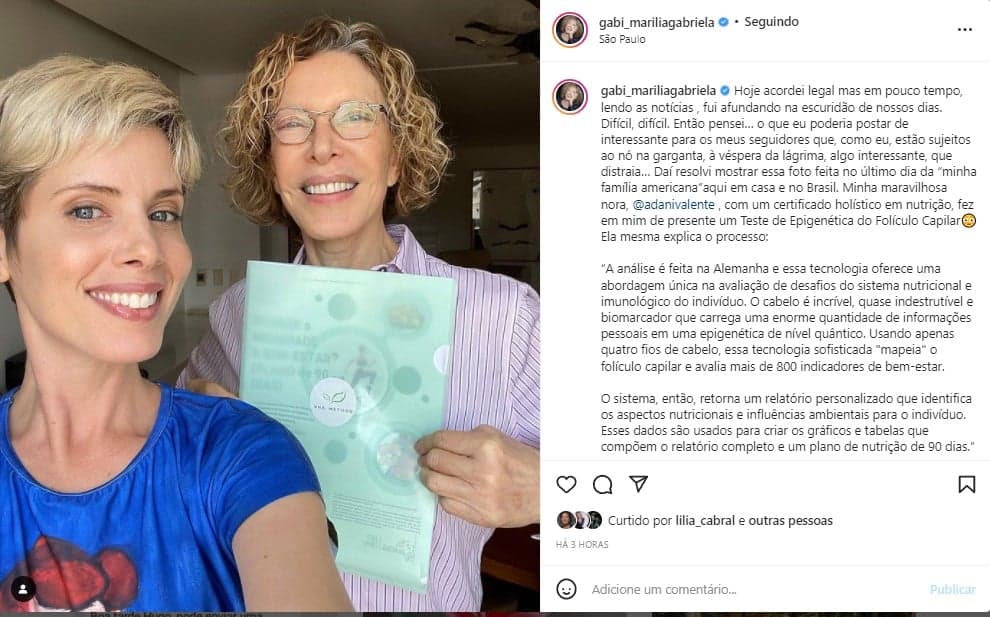 Marília Gabriela fez uma publicação ao lado da sua nora no Instagram Marília Gabriela fez uma publicação ao lado da sua nora no Instagram