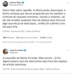 O cantor Gustavo Mioto e a diretora Maria de Medicis se solidarizaram com Maria (Foto: Reprodução / Twitter) O cantor Gustavo Mioto e a diretora Maria de Medicis se solidarizaram com Maria (Foto: Reprodução / Twitter)