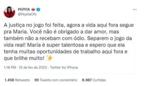 Pepita falou sobre o 'linchamento virtual' (Foto: Reprodução / Twitter) Pepita falou sobre o 'linchamento virtual' (Foto: Reprodução / Twitter)