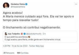 Jojo Todynho e a atriz Heslane Vieira se solidarizaram com Maria (Foto: Reprodução / Twitter) Jojo Todynho e a atriz Heslane Vieira se solidarizaram com Maria (Foto: Reprodução / Twitter)
