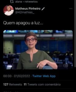Apagão no BBB sobra até para Renata Lo Prete (Foto: Reprodução/Twitter) Apagão no BBB sobra até para Renata Lo Prete (Foto: Reprodução/Twitter)