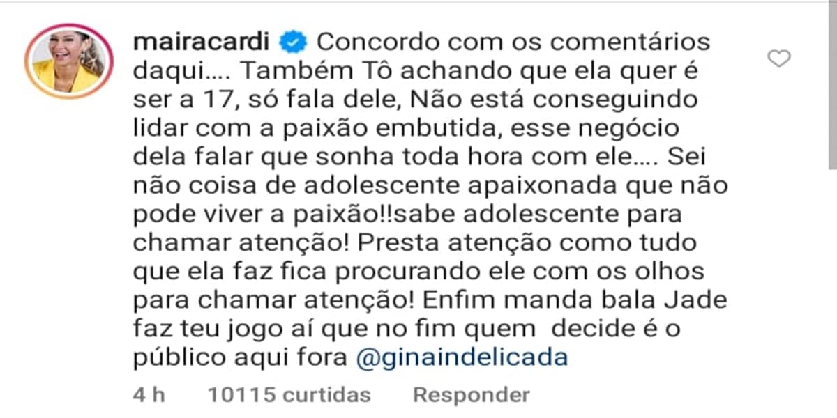 Maíra Cardi detonou Jade Picon (Foto: reprodução) Maíra Cardi detonou Jade Picon (Foto: reprodução)