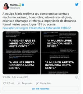 A equipe de administradores das redes sociais de Maria falaram sobre os ataques que ela está recebendo (Foto: Reprodução / Twitter) A equipe de administradores das redes sociais de Maria falaram sobre os ataques que ela está recebendo (Foto: Reprodução / Twitter)
