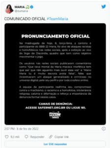 Comunicado da equipe de ADMs de Maria (Foto: Reprodução / Twitter) Comunicado da equipe de ADMs de Maria (Foto: Reprodução / Twitter)