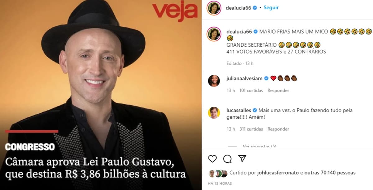 Publicação de Déa Lucia, mãe de Paulo Gustavo com aprovação esmagadora de Lei (Reprodução/ Instagram) Publicação de Déa Lucia, mãe de Paulo Gustavo com aprovação esmagadora de Lei (Reprodução/ Instagram)