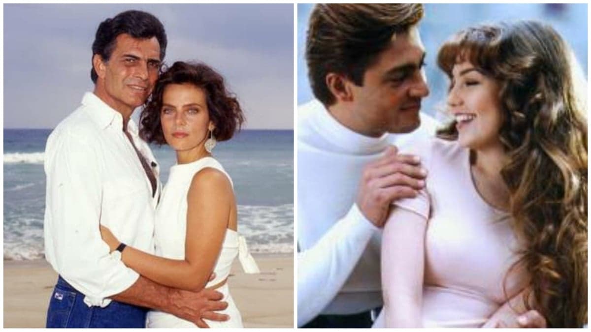 Tarcísio Meira e Bruna Lombardi em "Roda de Fogo" e Thalia com Fernando Colunga em "Maria do Bairro" (Montagem/ Reprodução) Tarcísio Meira e Bruna Lombardi em "Roda de Fogo" e Thalia com Fernando Colunga em "Maria do Bairro" (Montagem/ Reprodução)