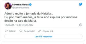 Ex-participante do BBB21, comentou sobre o 'linchamento' de Natália (Foto: Reprodução / Twitter) Ex-participante do BBB21, comentou sobre o 'linchamento' de Natália (Foto: Reprodução / Twitter)