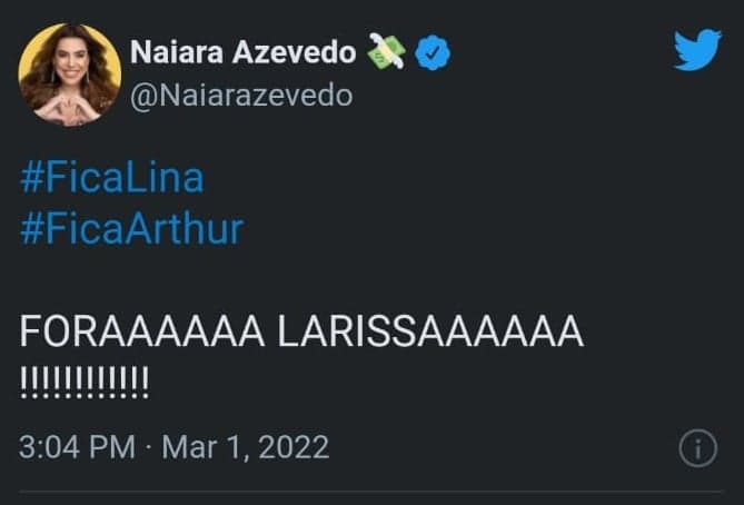 Naiara Azevedo pede eliminação de Larissa no BBB22 (Reprodução/ Twitter) Naiara Azevedo pede eliminação de Larissa no BBB22 (Reprodução/ Twitter)