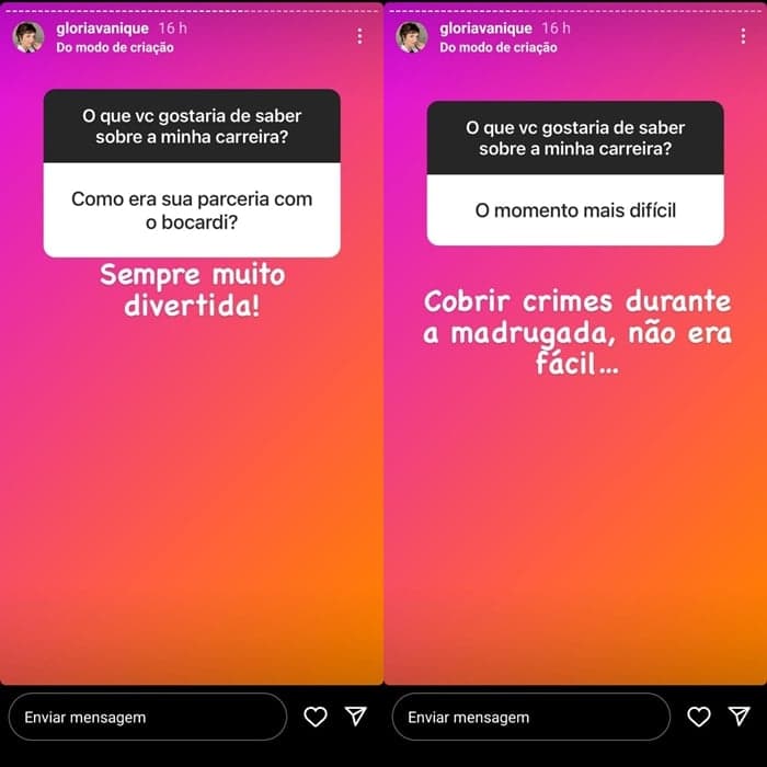 Glória Vanique falou sobre Bocardi e seu tempo de Globo nos stories Glória Vanique falou sobre Bocardi e seu tempo de Globo nos stories