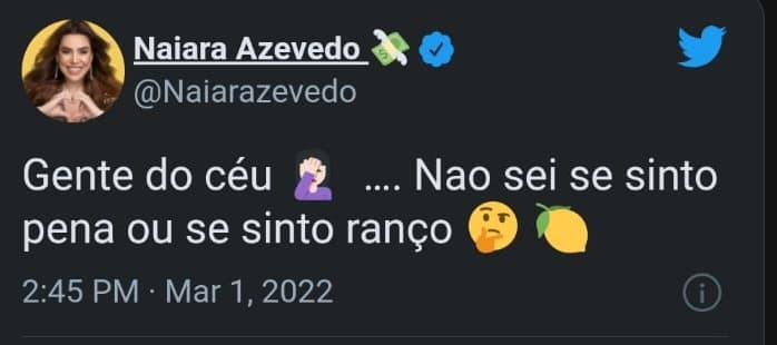 Naiara Azevedo rebate atitudes de Larissa no BBB22 (Reprodução/ Twitter) Naiara Azevedo rebate atitudes de Larissa no BBB22 (Reprodução/ Twitter)