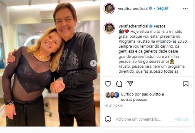 Vera Fischer posou com Faustão nos bastidores da Band Vera Fischer posou com Faustão nos bastidores da Band