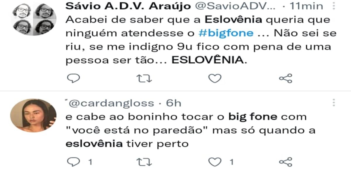 Eslovênia instigou brothers a não atenderem o Big Fone e foi massacrada na web (Foto: Twitter) Eslovênia instigou brothers a não atenderem o Big Fone e foi massacrada na web (Foto: Twitter)