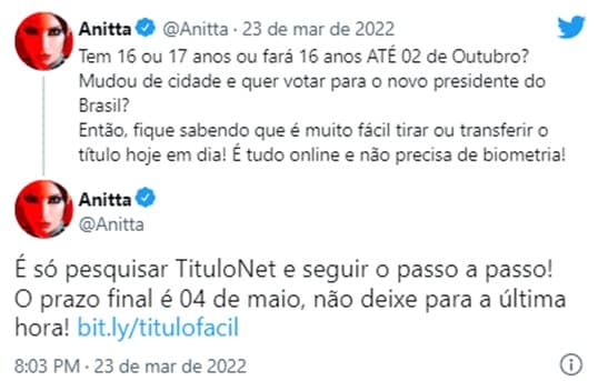 Anitta facilitou o acesso aos menores para fazerem seu título de eleitor Anitta facilitou o acesso aos menores para fazerem seu título de eleitor