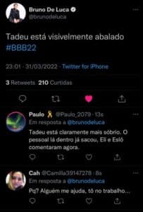 Internautas comentaram Tadeu no BBB22, devastado com o acidente de Rodrigo Mussi (Foto: Reprodução / Twitter) Internautas comentaram Tadeu no BBB22, devastado com o acidente de Rodrigo Mussi (Foto: Reprodução / Twitter)