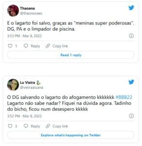 Lagarto chamou a atenção na piscina do BBB22 (Foto: Reprodução / Twitter) Lagarto chamou a atenção na piscina do BBB22 (Foto: Reprodução / Twitter)
