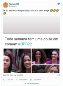 Neymar Jr brincou com a fama de "Pé-frio" de Eslovênia no BBB22 (Foto: Reprodução / Twitter) Neymar Jr brincou com a fama de "Pé-frio" de Eslovênia no BBB22 (Foto: Reprodução / Twitter)