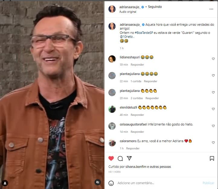 Adriana Araújo compartilhou a brincadeira com Neto nas redes sociais Adriana Araújo compartilhou a brincadeira com Neto nas redes sociais