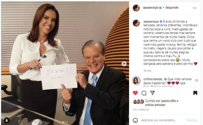 Ana Paula Araújo se despediu de Chico Pinheiro no Instagram Ana Paula Araújo se despediu de Chico Pinheiro no Instagram