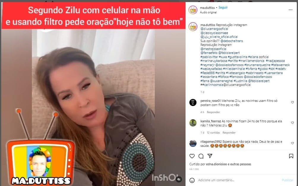 Desabafo de Zilu foi repercutido por perfil de fofocas no Instagram Desabafo de Zilu foi repercutido por perfil de fofocas no Instagram