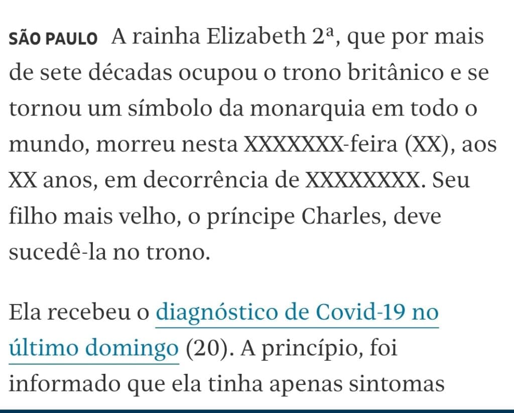 Folha de São Paulo anuncia, por engano, morte da Rainha Elizabeth - Reprodução Folha de São Paulo anuncia, por engano, morte da Rainha Elizabeth - Reprodução