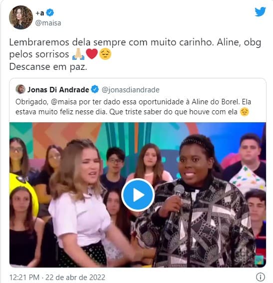 Maísa Silva lamentou a morte de Aline do Borel Maísa Silva lamentou a morte de Aline do Borel