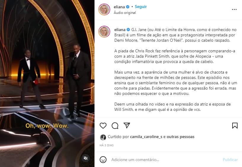 Eliana comenta agressão contra Will Smith (Foto: Reprodução) Eliana comenta agressão contra Will Smith (Foto: Reprodução)