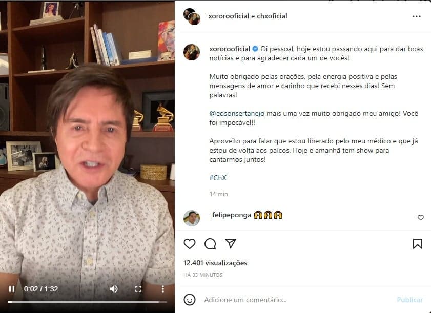 Xororó expõe volta aos palcos - Foto: Reprodução Xororó expõe volta aos palcos - Foto: Reprodução