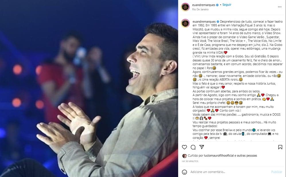 André Marques se despediu da Globo no Instagram, mas ressaltou que ainda tem portas abertas na emissora André Marques se despediu da Globo no Instagram, mas ressaltou que ainda tem portas abertas na emissora