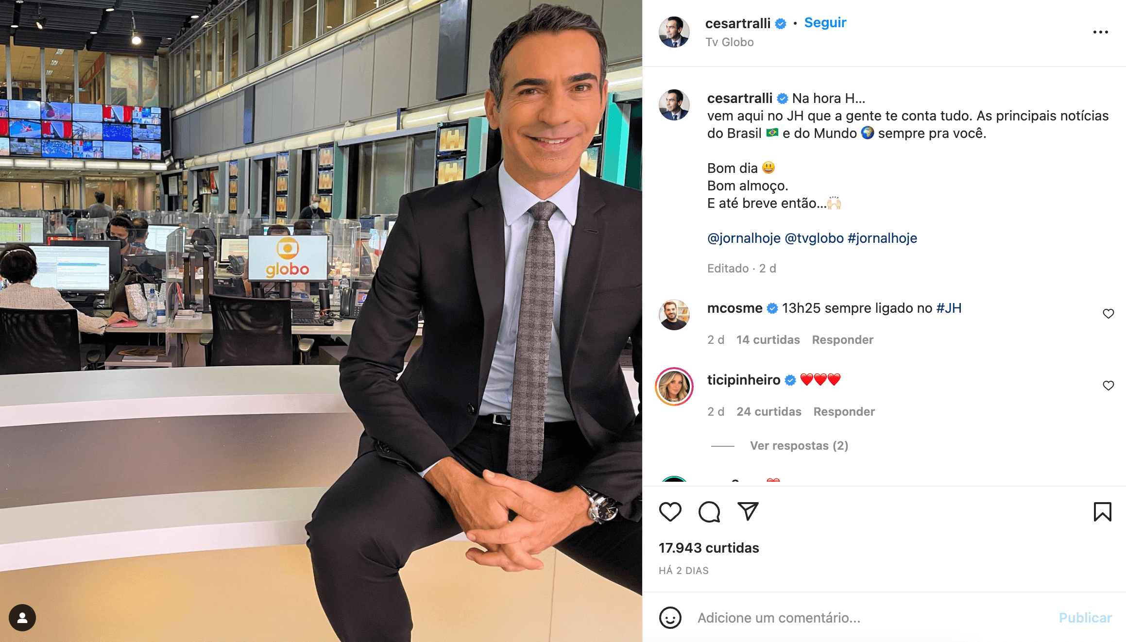 César Tralli em publicação no Instagram César Tralli em publicação no Instagram
